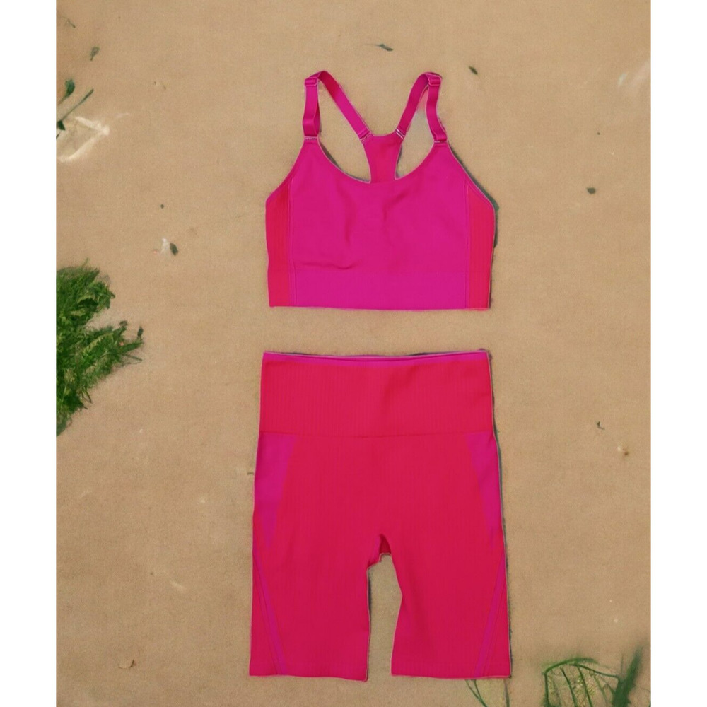 Ryka Hot Pink Racer Back Sports Bra and Shorts Set Outfit Size Med Barbiecore